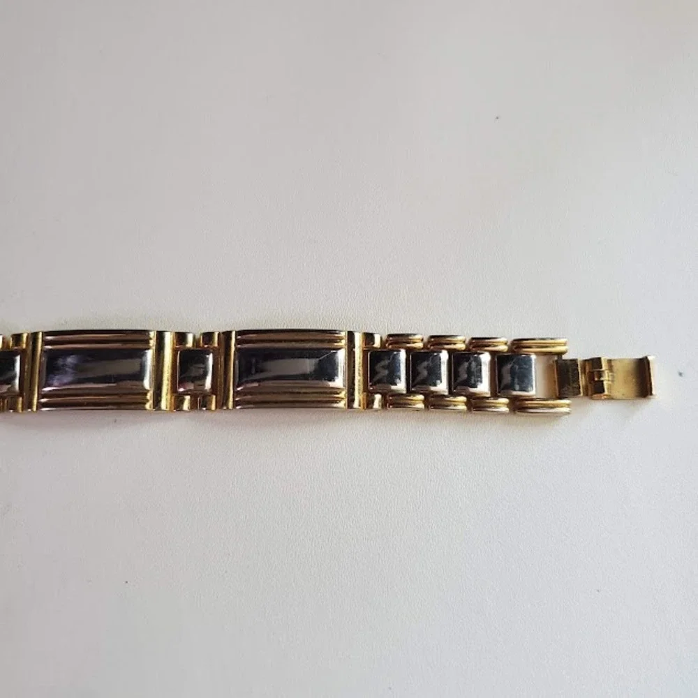 Gold Tone Two-Tone Link Bracelet Silver Inlay Magnetic Therapy Style 7.5
